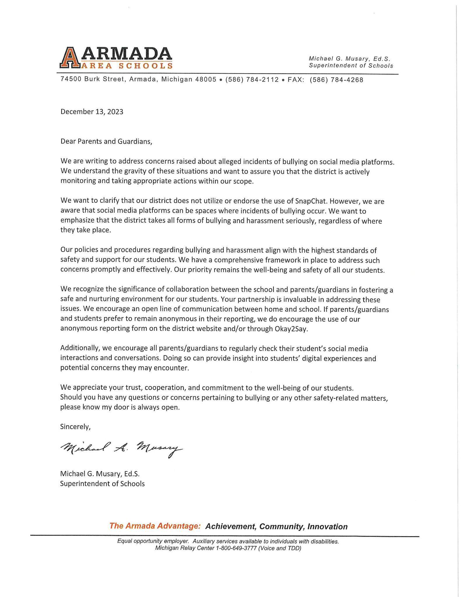 Letter regarding social media from Superintendent